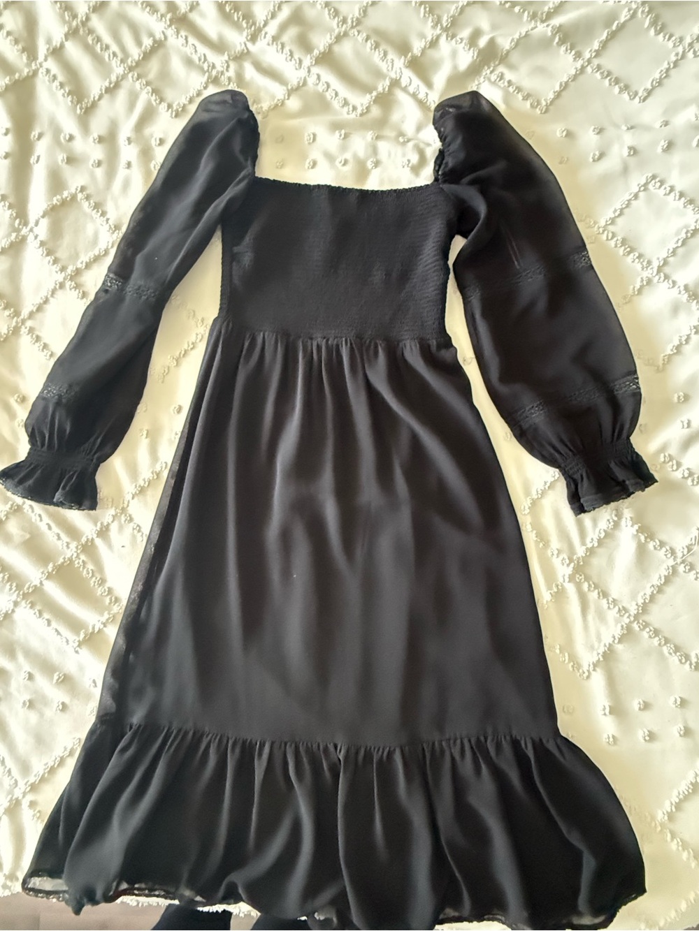 Wilfred Black Smocked Bodice Midi Dress with Puff Sleeves